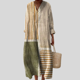 Beige Striped Dress with Button Placket