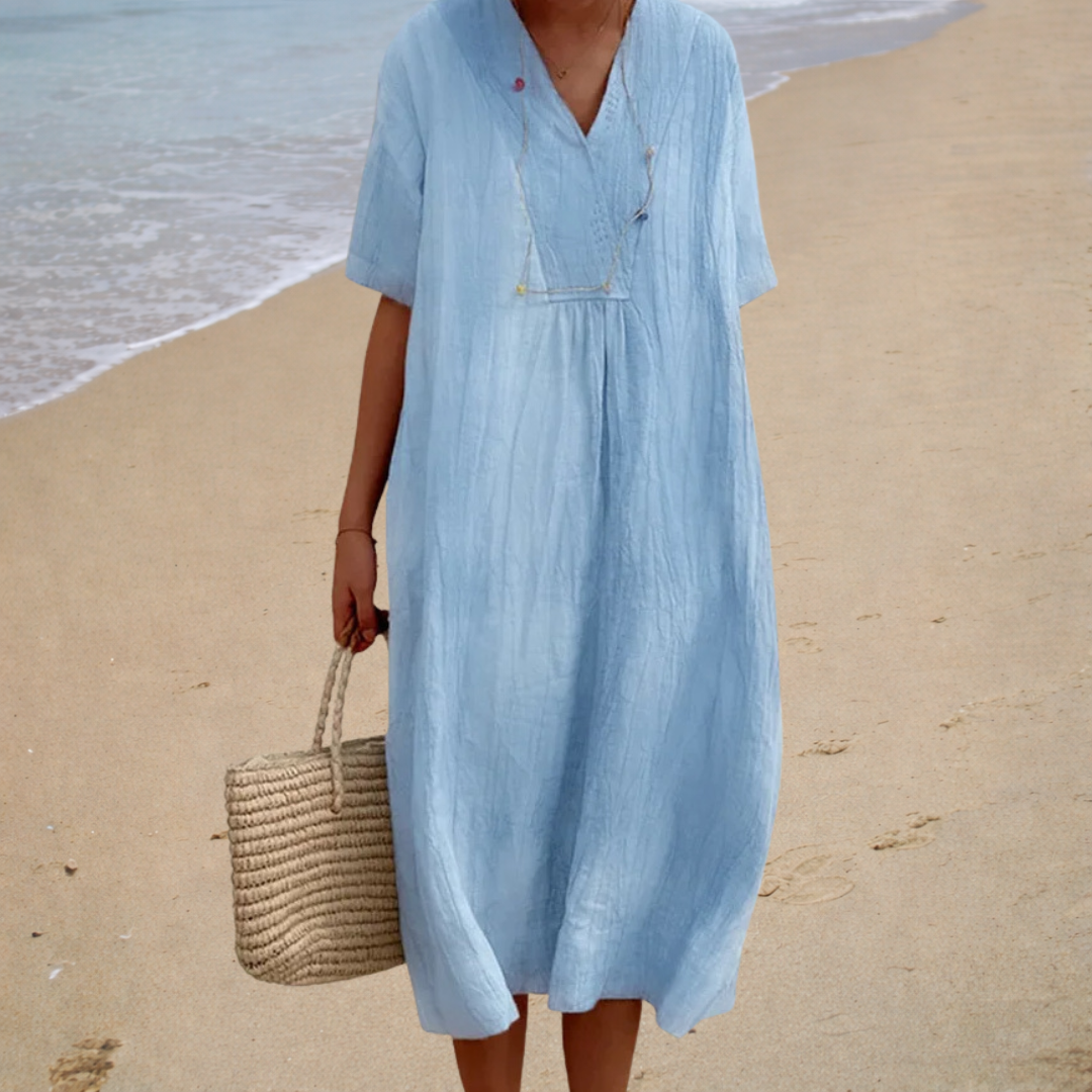 Light Blue Linen Dress with V-Neck