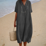 Light Blue Linen Dress with V-Neck