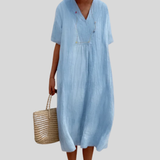 Light Blue Linen Dress with V-Neck
