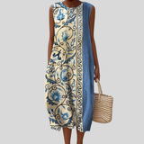 Blue and white dress with ornamental pattern