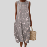 Grey Linen Dress with Abstract Pattern