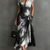 Carlotta | Midi Wrap Dress in Abstract Print, Black and White