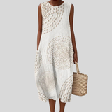 White Linen Dress with Lace Pattern