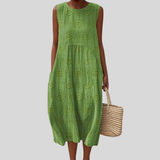 Green Linen Dress with Hole Pattern