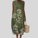 Olive Green Dress with Flower Branch