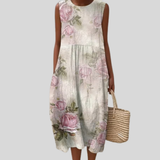 Cream-Colored Dress with Rose Motif