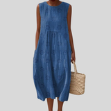 Blue Linen Dress with V-Neck