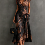 Francesca | Midi Wrap Dress in Abstract Print, Brown