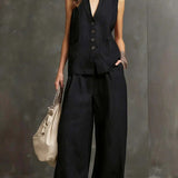 Two-Piece Cotton and Linen Set with Sleeveless Vest and Wide-Leg Trousers