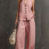 Two-Piece Cotton and Linen Set with Sleeveless Vest and Wide-Leg Trousers