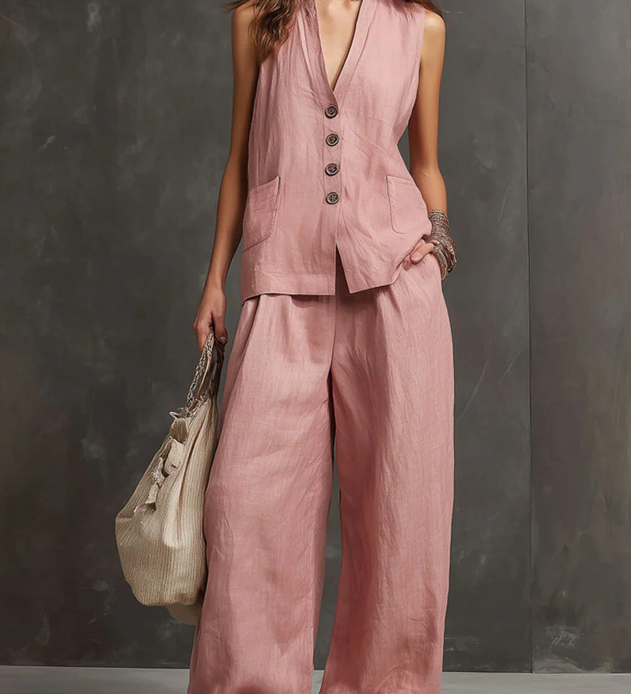 Two-Piece Cotton and Linen Set with Sleeveless Vest and Wide-Leg Trousers