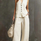 Two-Piece Cotton and Linen Set with Sleeveless Vest and Wide-Leg Trousers
