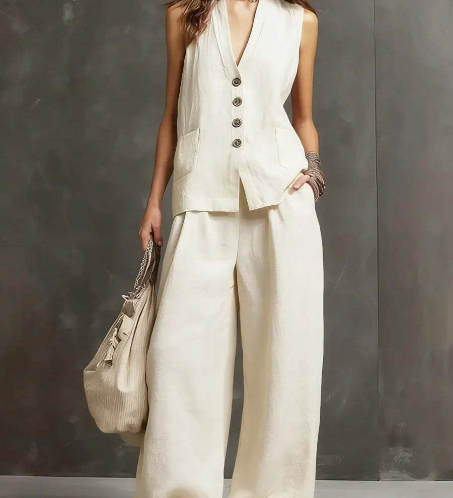 Two-Piece Cotton and Linen Set with Sleeveless Vest and Wide-Leg Trousers