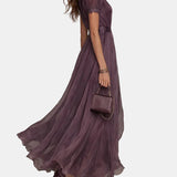 Flavia – Long Purple Dress with Cut-Out and Lace Finish