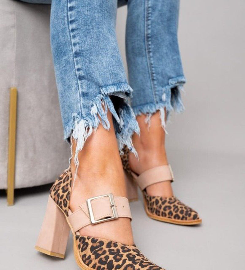Hayley - Leopard Print Faux Suede Sandals with Stable Heel