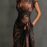 Francesca | Midi Wrap Dress in Abstract Print, Brown