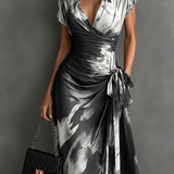 Carlotta | Midi Wrap Dress in Abstract Print, Black and White
