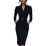 Marina | Edles schwarzes Kleid mit Gürtel und Mandarin-Kragen