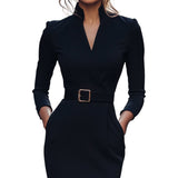 Marina | Edles schwarzes Kleid mit Gürtel und Mandarin-Kragen