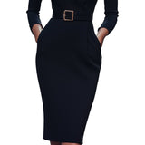 Marina | Edles schwarzes Kleid mit Gürtel und Mandarin-Kragen