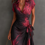 Beatrice | Midi Wrap Dress in Abstract Print, Bordeaux